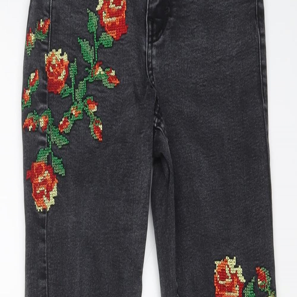 Topshop Womens Grey Floral Cotton Skinny Jeans Size 25 in L25 in Regular Button - Flower detail