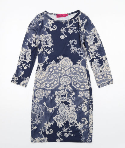 Boohoo Womens Blue Geometric Polyester A-Line Size 8 Round Neck Pullover