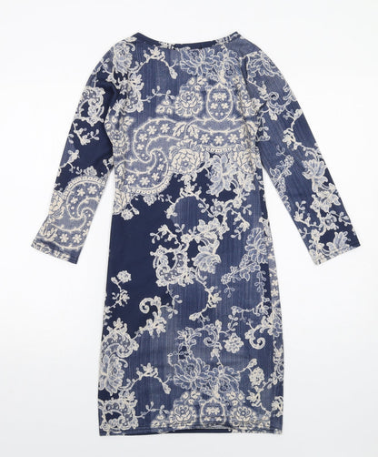 Boohoo Womens Blue Geometric Polyester A-Line Size 8 Round Neck Pullover