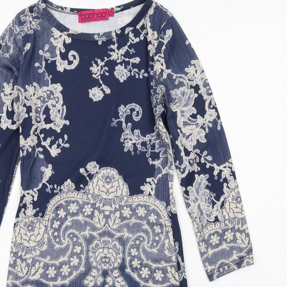 Boohoo Womens Blue Geometric Polyester A-Line Size 8 Round Neck Pullover