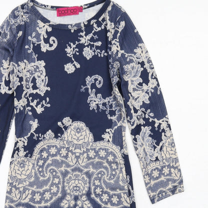 Boohoo Womens Blue Geometric Polyester A-Line Size 8 Round Neck Pullover