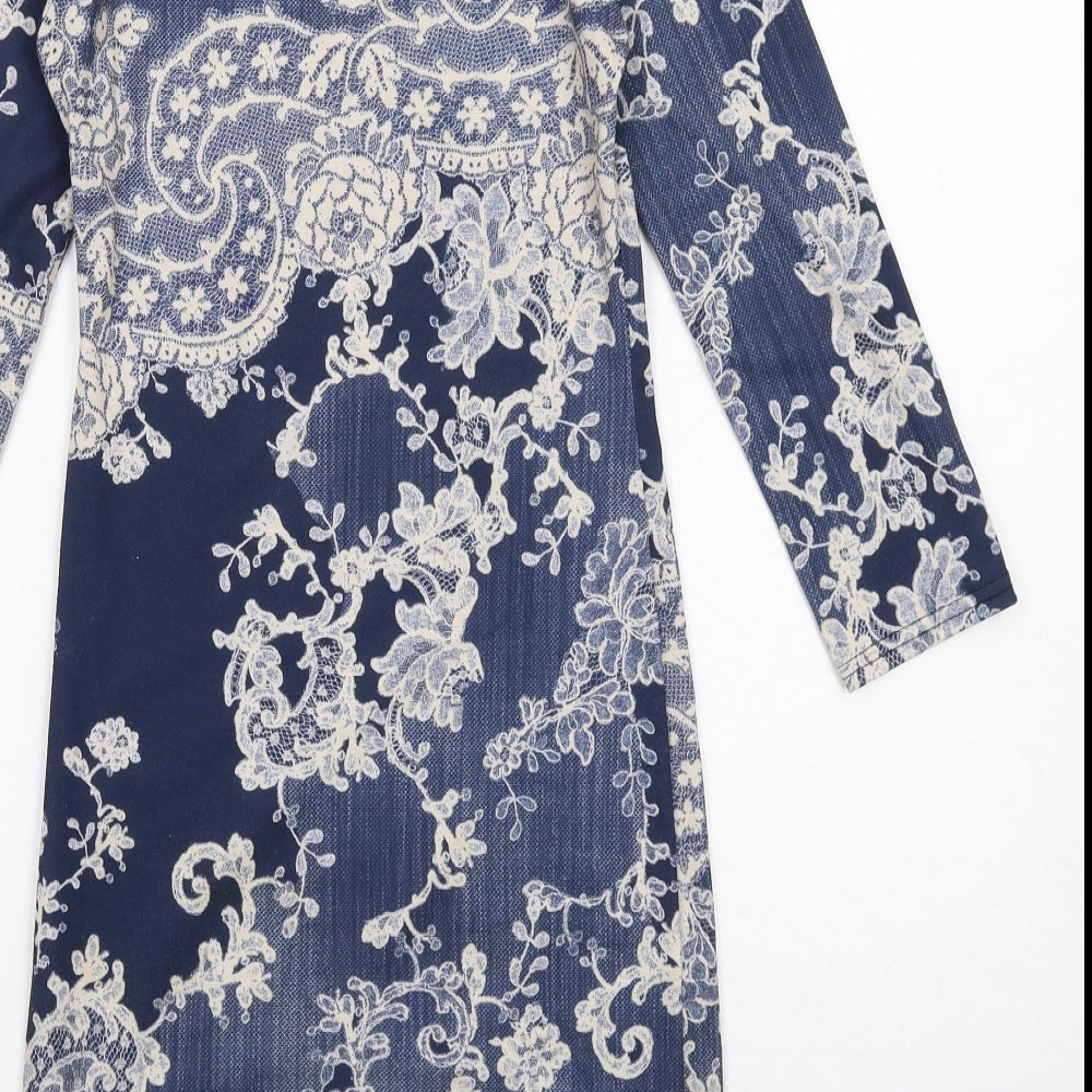 Boohoo Womens Blue Geometric Polyester A-Line Size 8 Round Neck Pullover