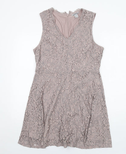 H&M Womens Purple Floral Polyamide Trapeze & Swing Size L V-Neck Zip