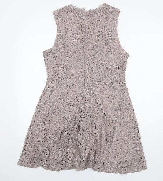 H&M Womens Purple Floral Polyamide Trapeze & Swing Size L V-Neck Zip