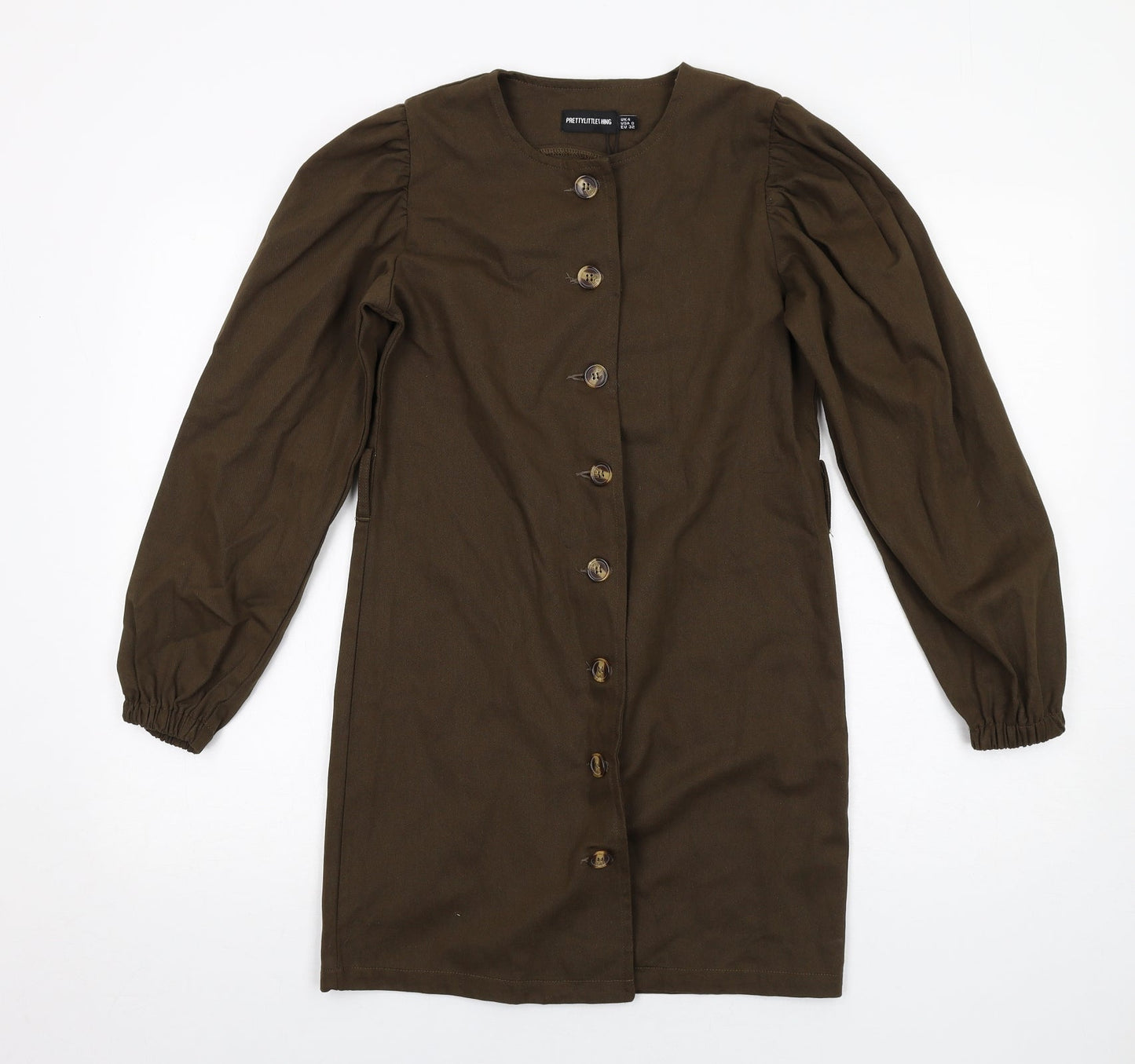 PRETTYLITTLETHING Womens Green Cotton A-Line Size 4 Round Neck Button