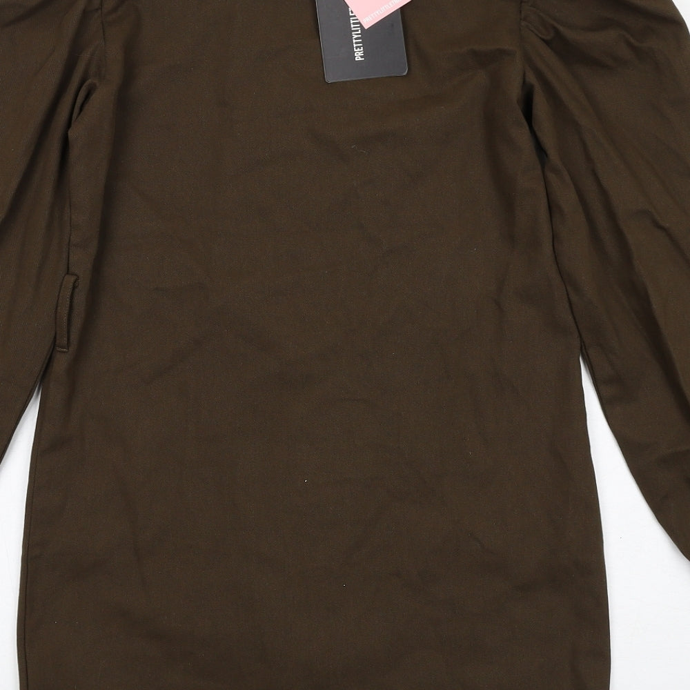 PRETTYLITTLETHING Womens Green Cotton A-Line Size 4 Round Neck Button