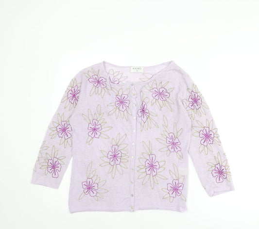 Kaliko Womens Purple Round Neck Floral Viscose Cardigan Jumper Size 12