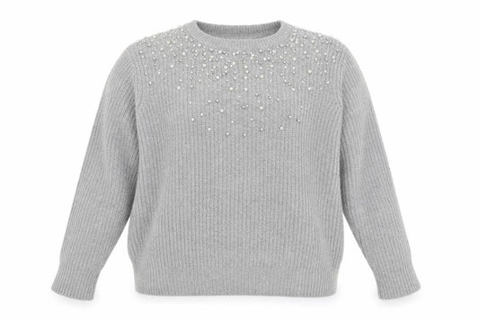 Front view of Nine by Savannah Miller women’s grey round neck nylon jumper, size UK 18