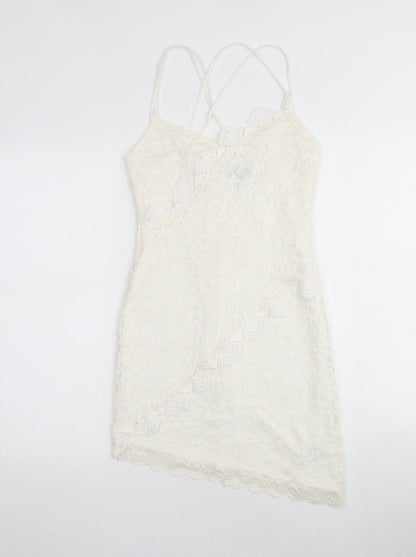 Topshop Womens Ivory Geometric Polyester Slip Dress Size 8 V-Neck Zip