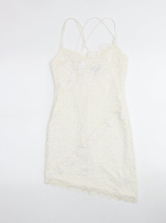 Topshop Womens Ivory Geometric Polyester Slip Dress Size 8 V-Neck Zip