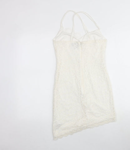 Topshop Womens Ivory Geometric Polyester Slip Dress Size 8 V-Neck Zip