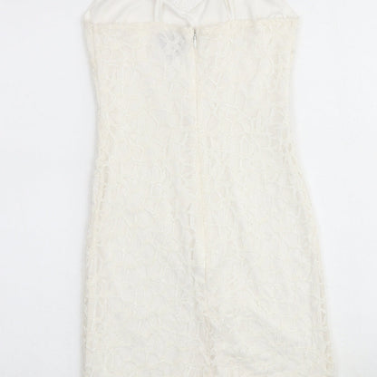 Topshop Womens Ivory Geometric Polyester Slip Dress Size 8 V-Neck Zip