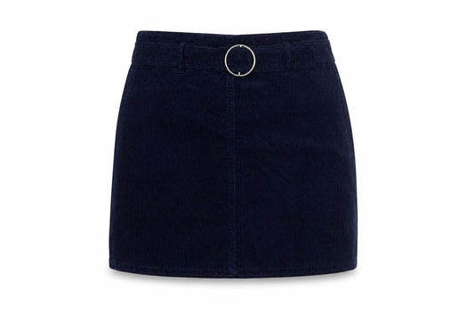 Front view of Denim & Co. girls’ blue 100% cotton mini skirt, size 11-12, years regular buckle