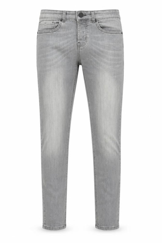 Front view of Denim & Co. men’s grey cotton straight jeans, size 30, in, 32-inch leg slim button