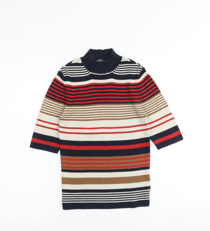 Miss Selfridge Womens Multicoloured Striped Cotton Basic Blouse Size 8 Mock Neck