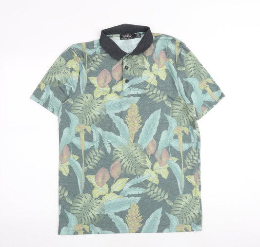 Topman Mens Multicoloured Geometric Polyester Polo Size M Collared Button - Leaf pattern