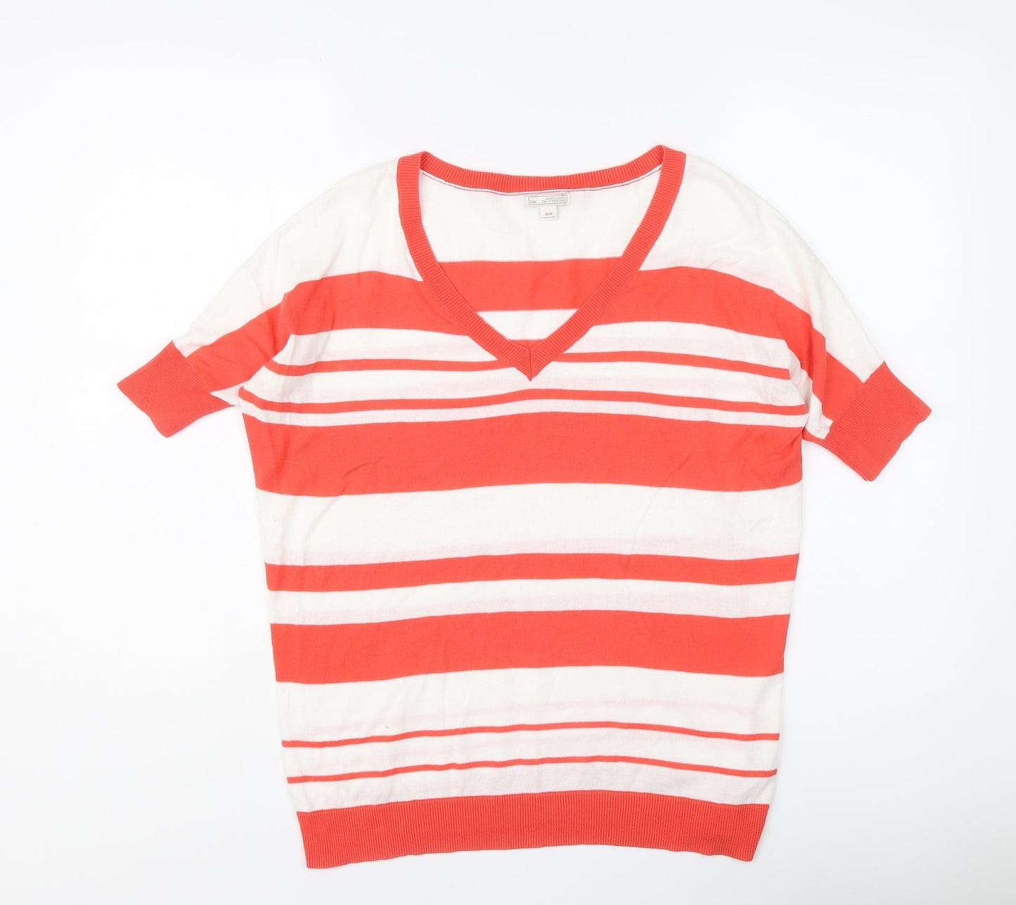 Gap Womens Red V-Neck Striped Cotton Pullover Jumper Size XS