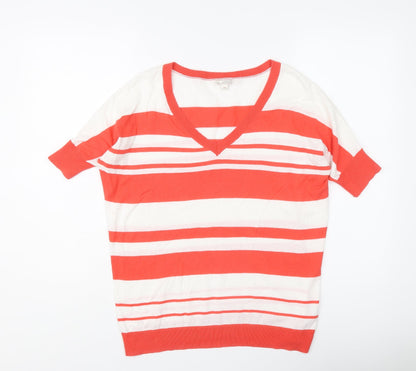 Gap Womens Red V-Neck Striped Cotton Pullover Jumper Size XS