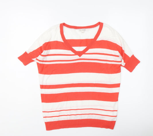 Gap Womens Red V-Neck Striped Cotton Pullover Jumper Size XS
