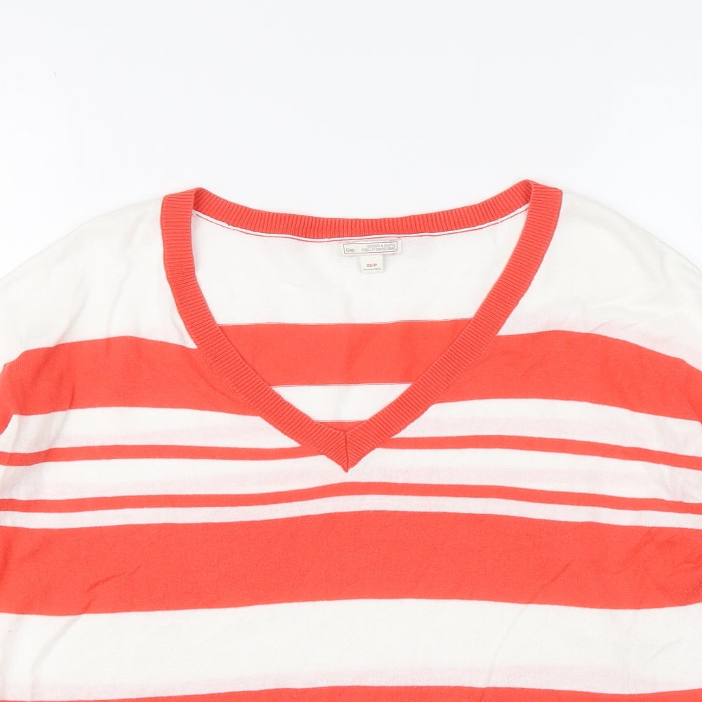 Gap Womens Red V-Neck Striped Cotton Pullover Jumper Size XS
