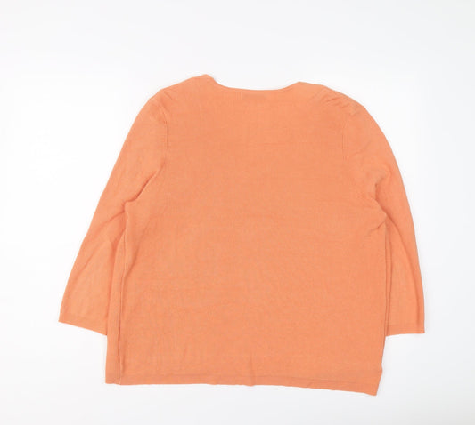 Classic Womens Orange Round Neck Viscose Pullover Jumper Size 18 - Cardigan Effect