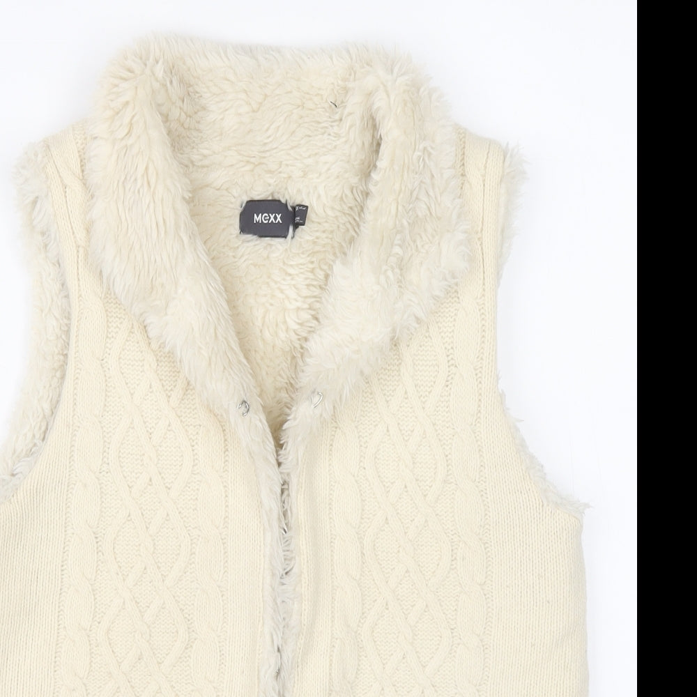 Mexx Womens Ivory Wool Gilet Coatigan Size M Hook & Eye - Cable Knit