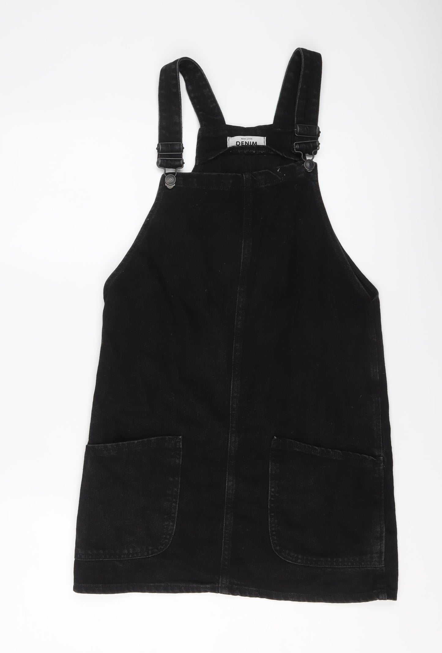 New Look Womens Black Cotton Pinafore/Dungaree Dress Size 6 Square Neck Buckle
