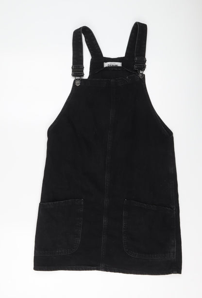 New Look Womens Black Cotton Pinafore/Dungaree Dress Size 6 Square Neck Buckle