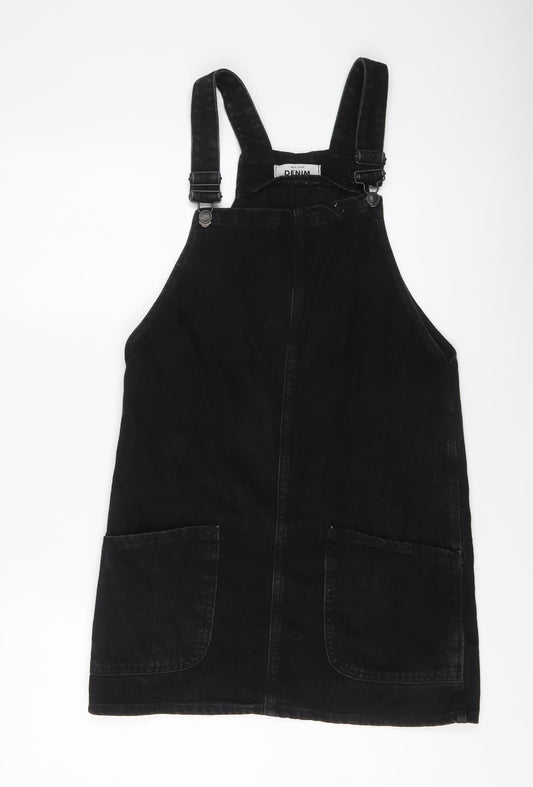 New Look Womens Black Cotton Pinafore/Dungaree Dress Size 6 Square Neck Buckle