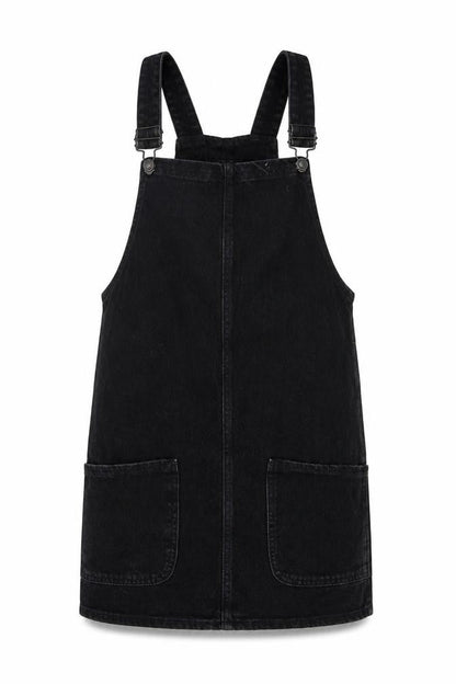New Look Womens Black Cotton Pinafore/Dungaree Dress Size 6 Square Neck Buckle
