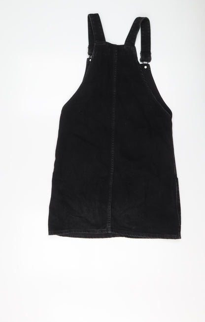 New Look Womens Black Cotton Pinafore/Dungaree Dress Size 6 Square Neck Buckle
