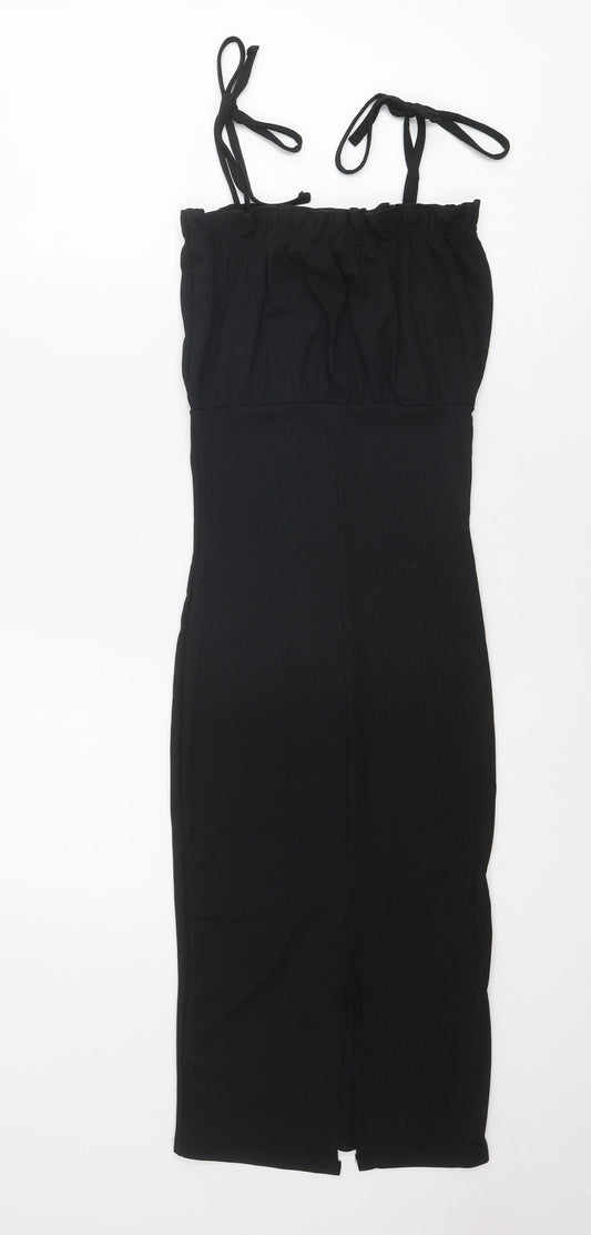 PRETTYLITTLETHING Womens Black Polyester Slip Dress Size 4 Square Neck Tie