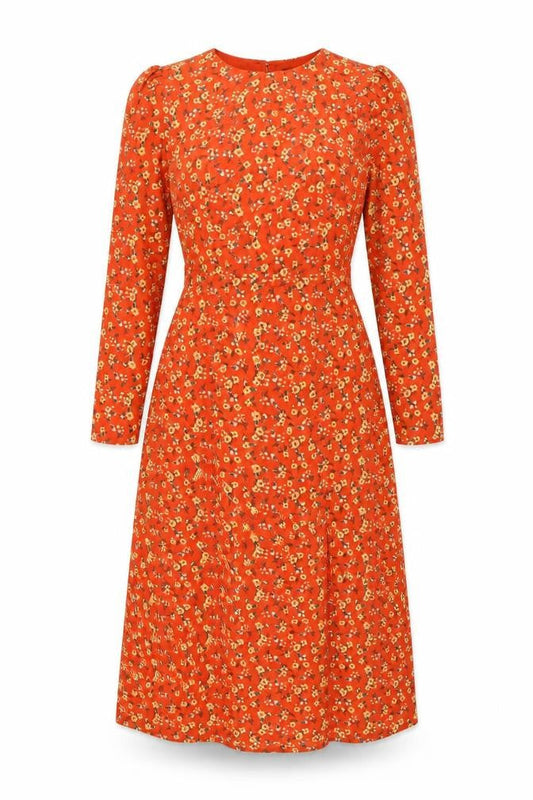Front view of Fashion Union women’s orange floral polyester a-line, size UK 4, round neck zip
