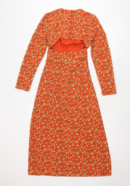 Fashion Union Womens Orange Floral Polyester A-Line Size 4 Round Neck Zip