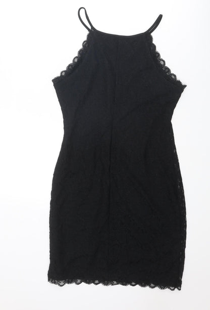 New Look Womens Black Geometric Nylon Slip Dress Size 12 Round Neck Pullover