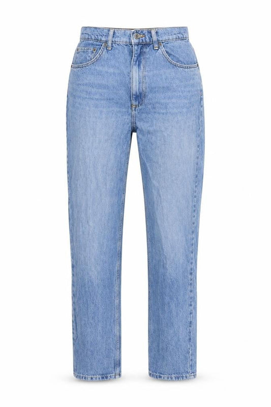 Front view of ASOS women’s blue cotton straight jeans, size UK 28, in regular zip