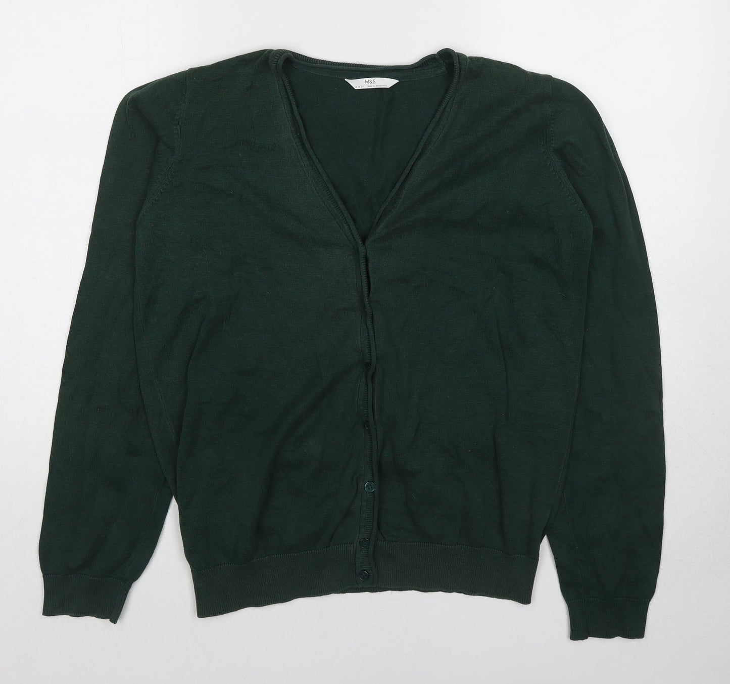 Marks and Spencer Boys Green V-Neck Cotton Cardigan Jumper Size 15-16 Years Button