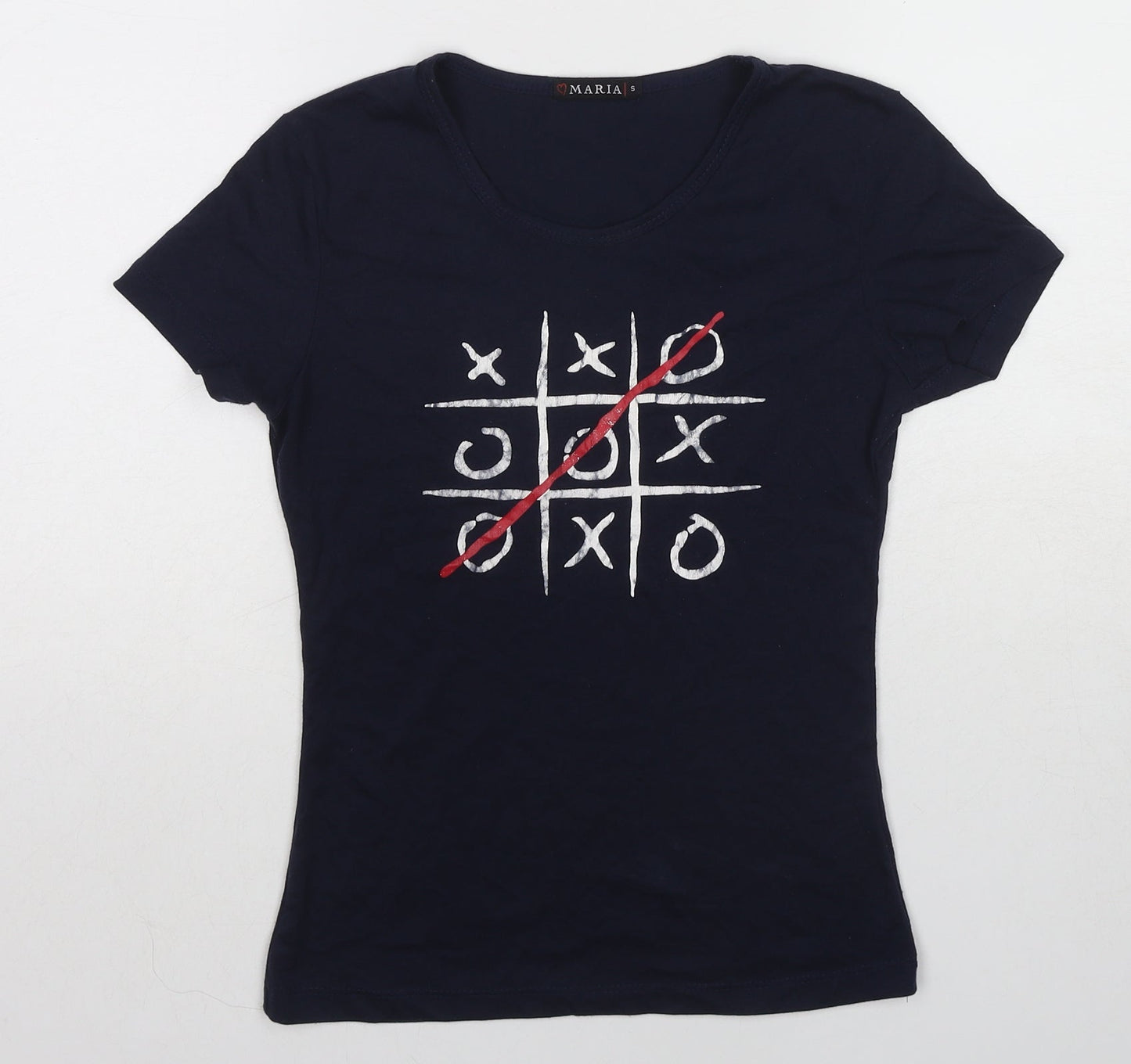 Maria Womens Blue Cotton Basic T-Shirt Size S Round Neck - Tic-Tac-Toe