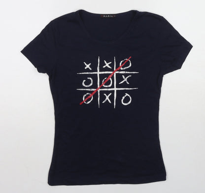 Maria Womens Blue Cotton Basic T-Shirt Size S Round Neck - Tic-Tac-Toe