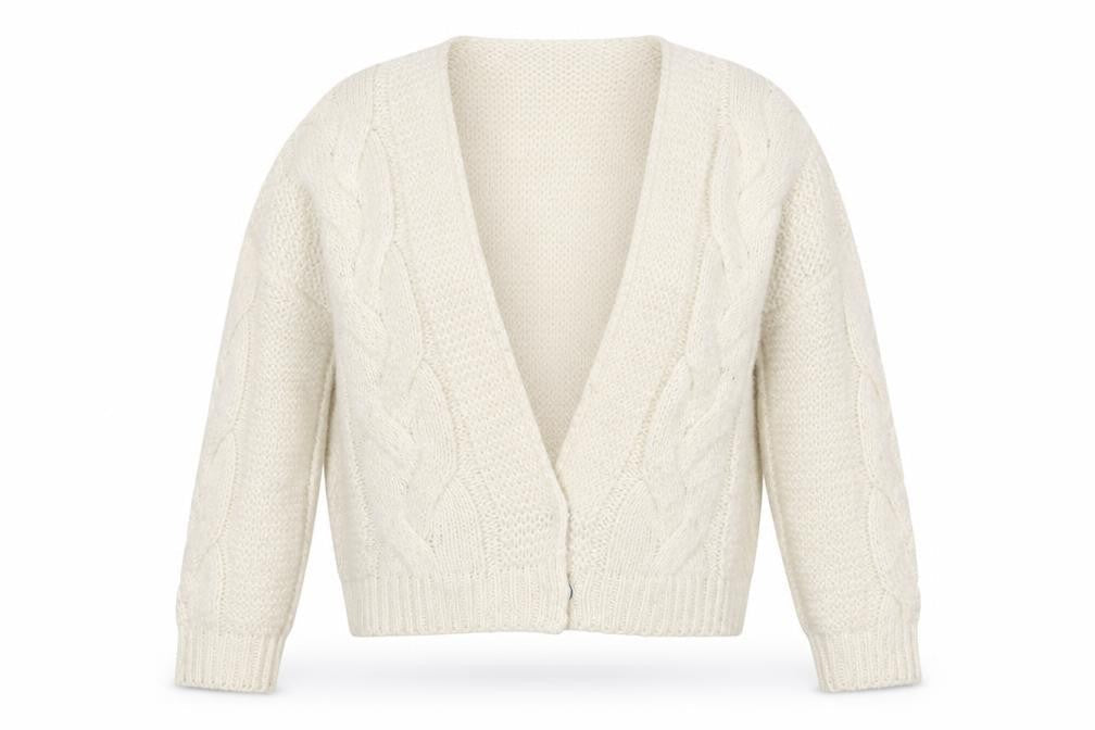 Front view of Fashion Union women’s white v-neck acrylic cardigan jumper, size UK 10