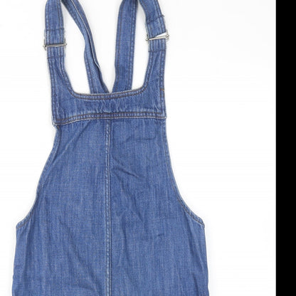 Topshop Womens Blue Cotton Pinafore/Dungaree Dress Size 6 Square Neck Pullover