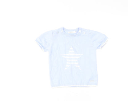 Mintini Boys Blue Cotton Basic T-Shirt Size 12-18 Months Round Neck Button - Star Print