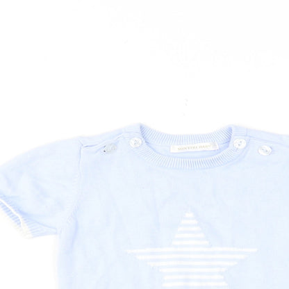 Mintini Boys Blue Cotton Basic T-Shirt Size 12-18 Months Round Neck Button - Star Print