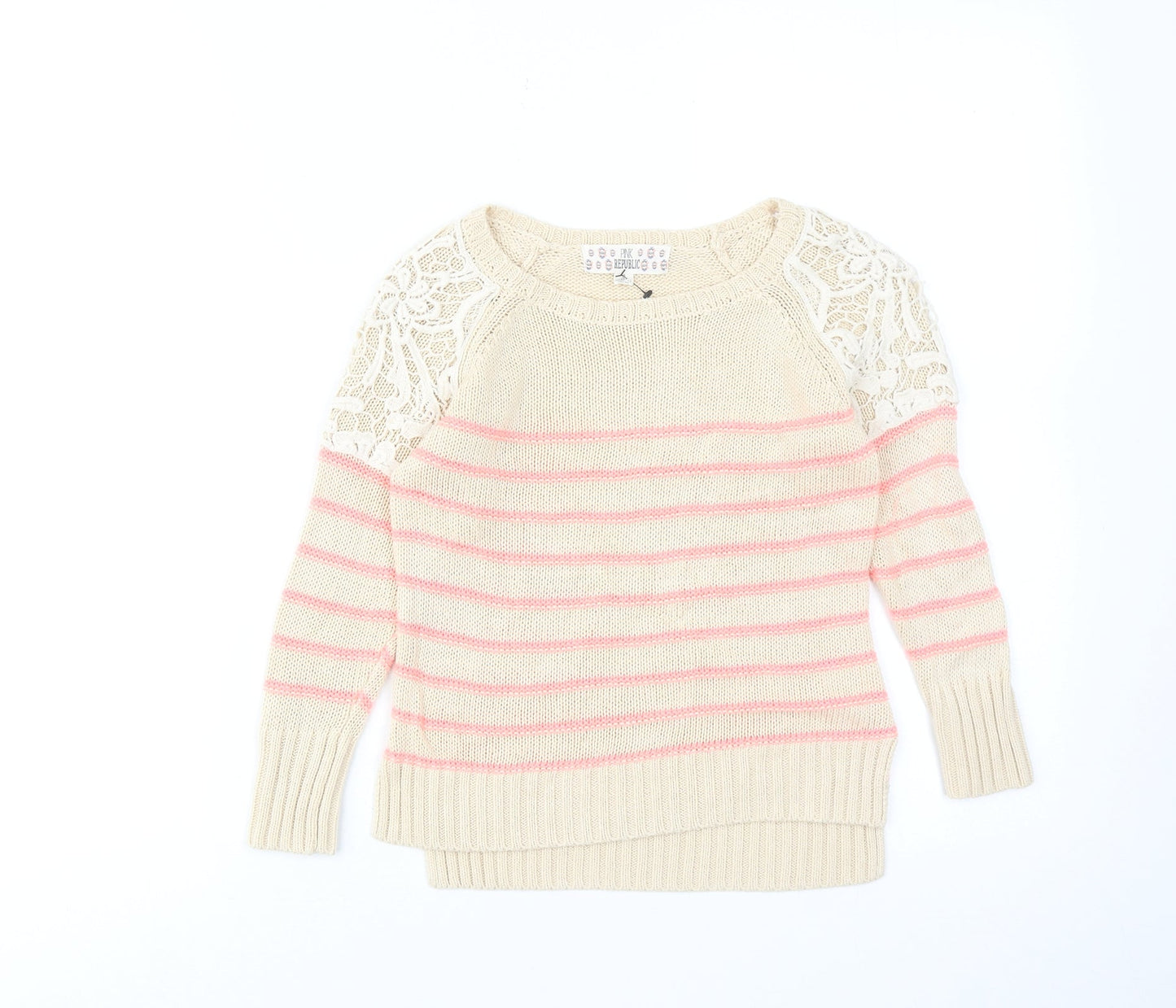 Pink Republic Womens Beige Round Neck Striped Cotton Pullover Jumper Size 4 - Lace Detail