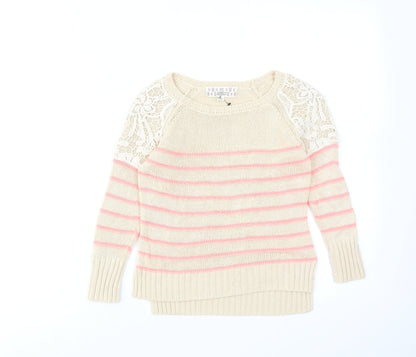 Pink Republic Womens Beige Round Neck Striped Cotton Pullover Jumper Size 4 - Lace Detail