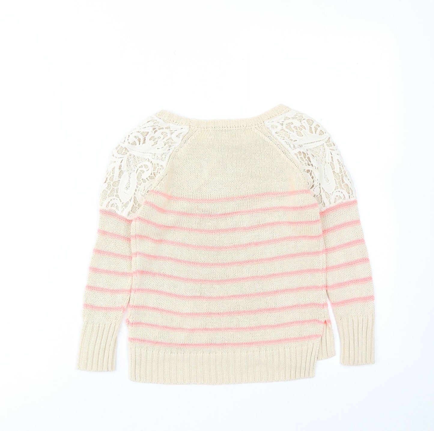 Pink Republic Womens Beige Round Neck Striped Cotton Pullover Jumper Size 4 - Lace Detail