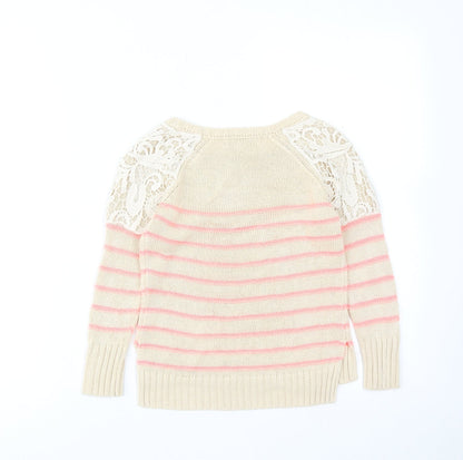 Pink Republic Womens Beige Round Neck Striped Cotton Pullover Jumper Size 4 - Lace Detail