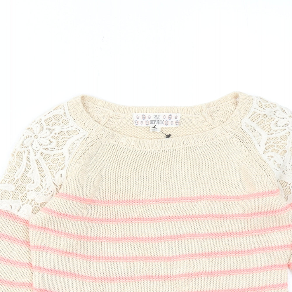 Pink Republic Womens Beige Round Neck Striped Cotton Pullover Jumper Size 4 - Lace Detail