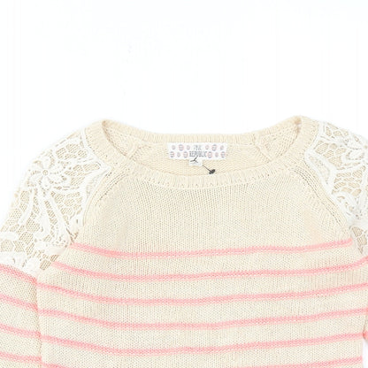 Pink Republic Womens Beige Round Neck Striped Cotton Pullover Jumper Size 4 - Lace Detail