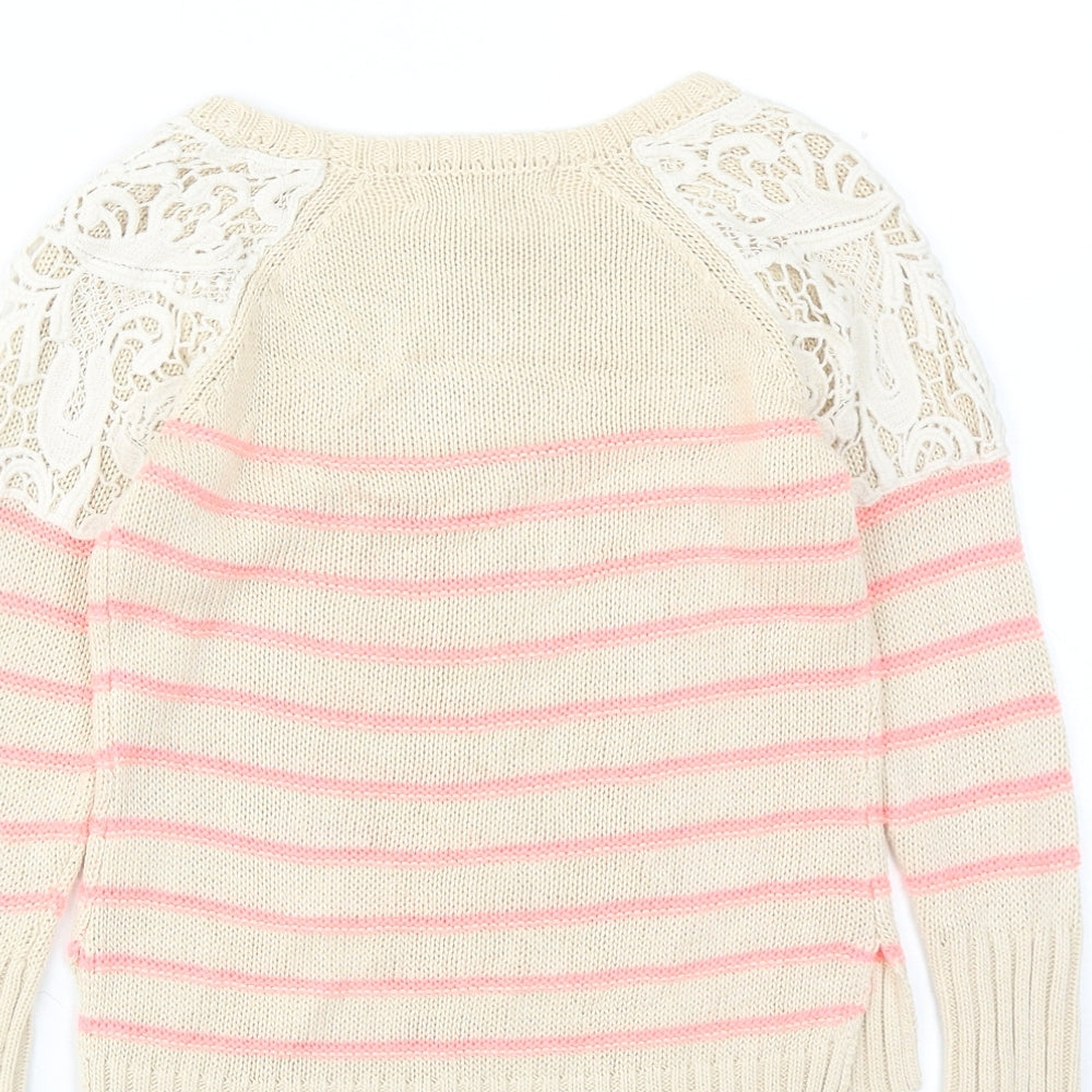 Pink Republic Womens Beige Round Neck Striped Cotton Pullover Jumper Size 4 - Lace Detail
